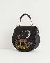 Load image into Gallery viewer, Deer & Moon Embroidered Black Velvet Saddle Purse by Fable England