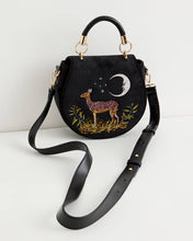 Load image into Gallery viewer, Deer & Moon Embroidered Black Velvet Saddle Purse by Fable England