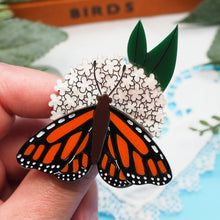 Load image into Gallery viewer, Dolly Dimple Design Monarch Butterfly on a Milkweed Plant Acrylic Brooch