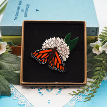 Load image into Gallery viewer, Dolly Dimple Design Monarch Butterfly on a Milkweed Plant Acrylic Brooch