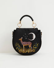 Load image into Gallery viewer, Deer & Moon Embroidered Black Velvet Saddle Purse by Fable England