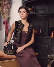 Load image into Gallery viewer, Deer & Moon Embroidered Black Velvet Saddle Purse by Fable England