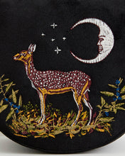 Load image into Gallery viewer, Deer & Moon Embroidered Black Velvet Saddle Purse by Fable England