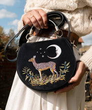 Load image into Gallery viewer, Deer & Moon Embroidered Black Velvet Saddle Purse by Fable England