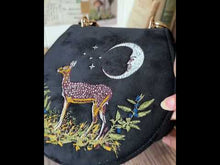 Load and play video in Gallery viewer, Deer & Moon Embroidered Black Velvet Saddle Purse by Fable England