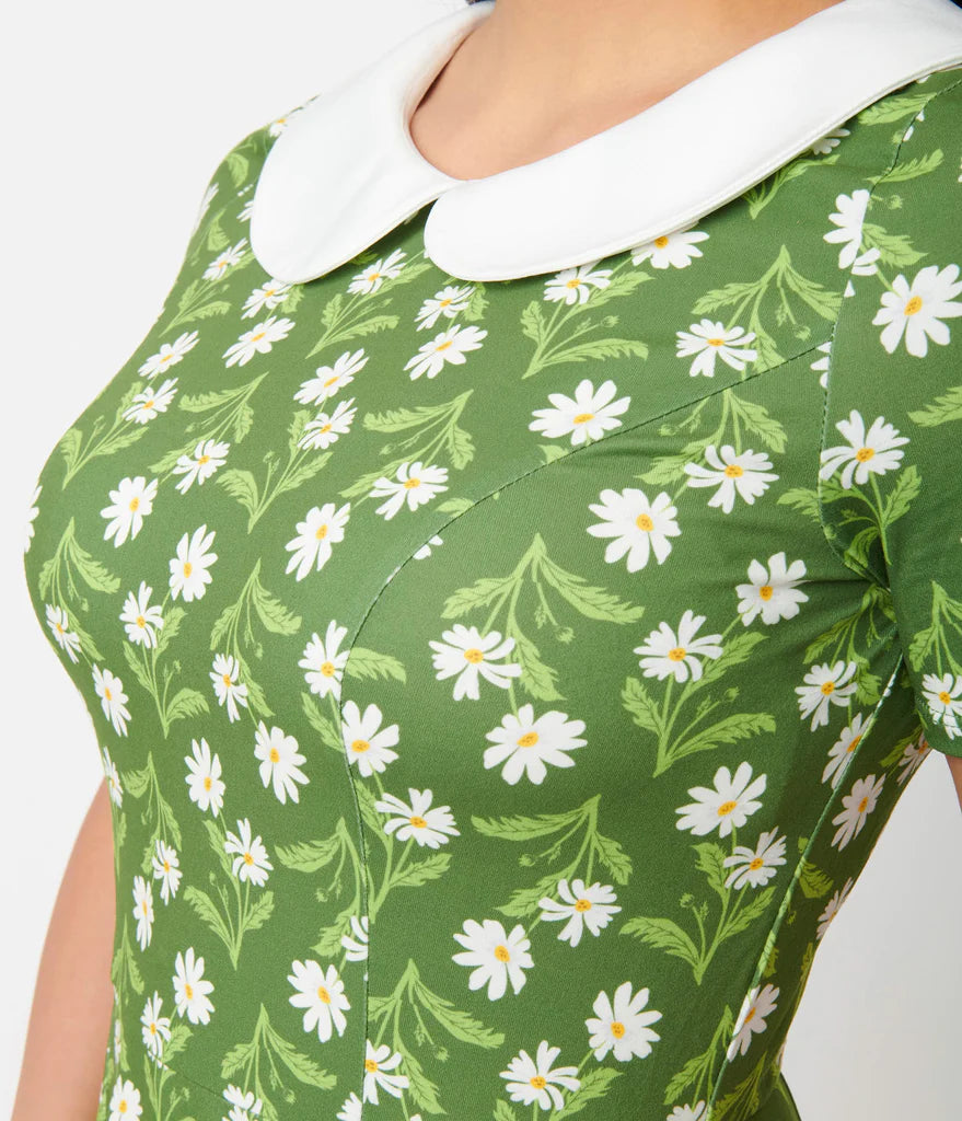 Unique Vintage Green & White Daisy Margot Fit & Flare Dress (Sizes 1X & 2X available)