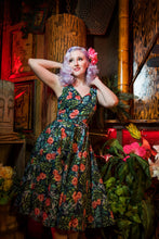 Load image into Gallery viewer, Swing dress with blue tropical print of roses and leaves