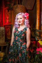 Load image into Gallery viewer, Swing dress with blue tropical print of roses and leaves