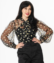 Load image into Gallery viewer, Unique Vintage Black & White Daisy Print Sheer Gwen Blouse (Size S left)