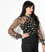 Load image into Gallery viewer, Unique Vintage Black & White Daisy Print Sheer Gwen Blouse (Size S left)