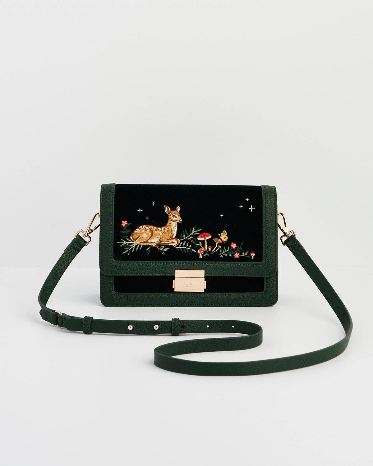 Fawn Embroidered Green Crossbody Bag by Fable England