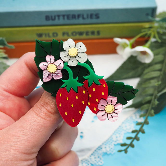 Strawberry and blossom flower brooch