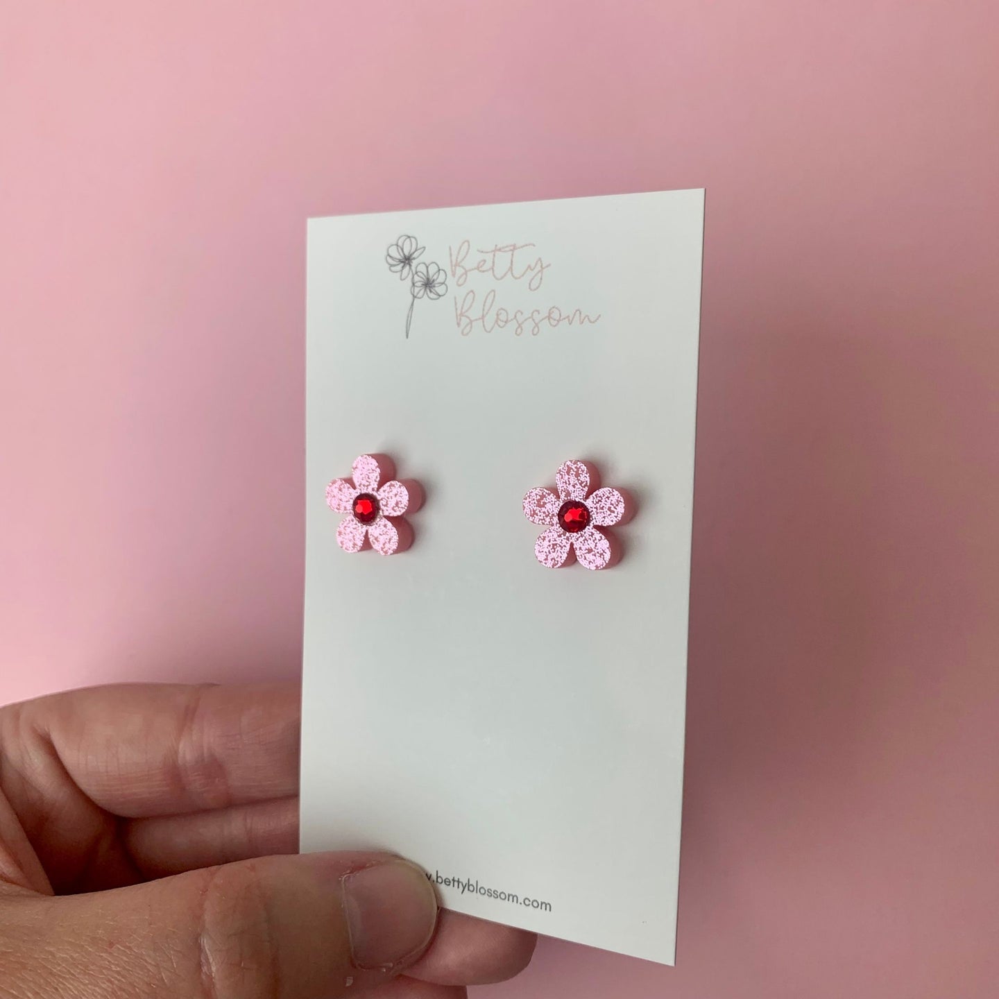 Betty Blossom Pink Glitter Flower Stud Earrings