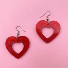 Load image into Gallery viewer, Betty Blossom cute red glitter acrylic cutout hearts retro vintage statement dangle style earrings
