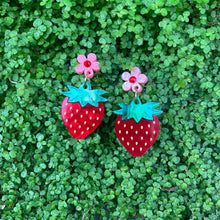 Load image into Gallery viewer, Betty Blossom Strawberry Fields Small Strawberry Dangle Earrings Pink Glitter Flower Sydney Australia
