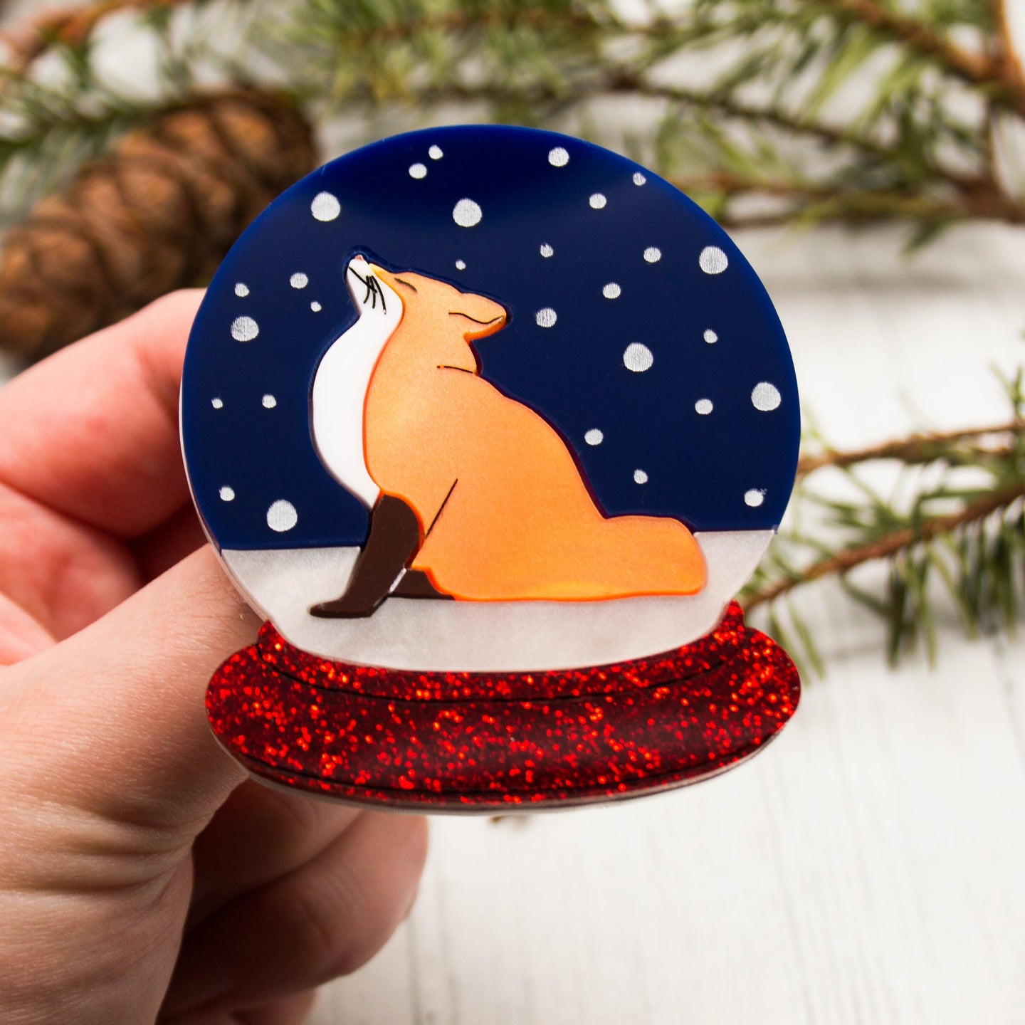 Dolly Dimple Design Fox Snowglobe Acrylic Brooch